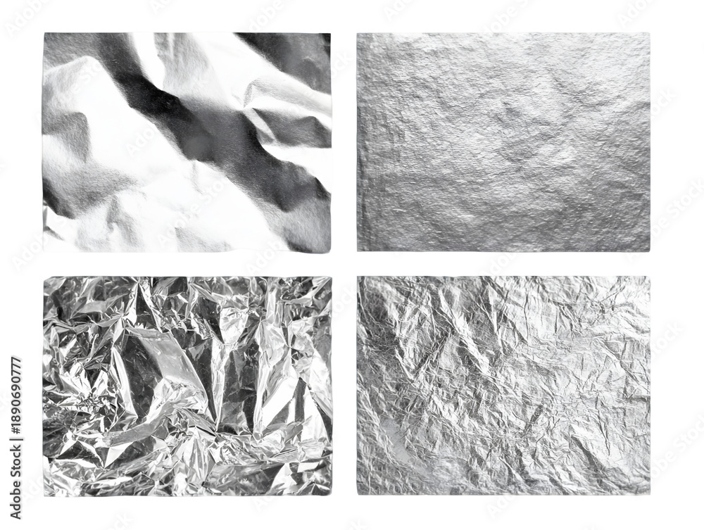Obraz premium Four Silver Foil Textures Set on Transparent Black Background Featuring Crumpled and Wrinkled Metallic Surfaces in a Square Layout