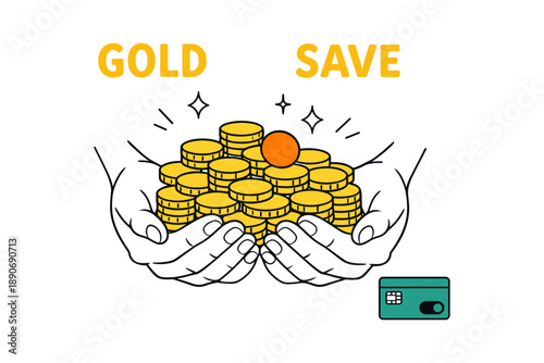 Hands holding stacked gold coins with credit card emphasizing savings and wealth
