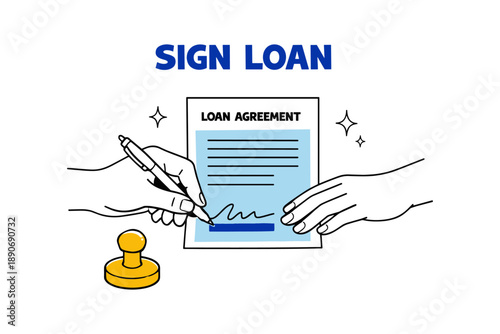Sign loan agreement: hands writing contract with pen and stamp