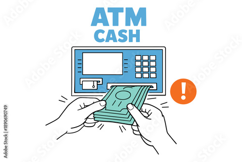 Hands with money at atm with alert symbol