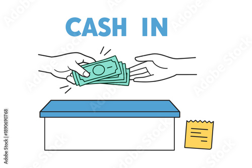 Illustration of hands exchanging cash with receipt near a box
