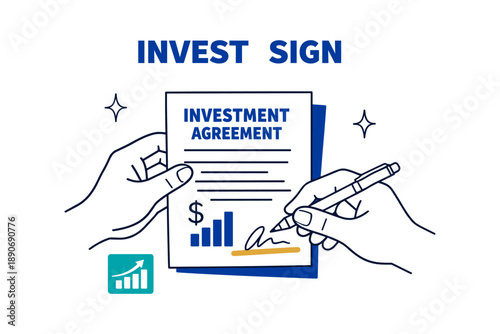 Hands signing investment agreement document with financial growth symbols