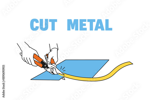 Hands using tin snips to cut yellow metal strip on blue sheet