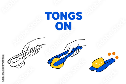 Illustration of hands using kitchen tongs for cooking demonstration