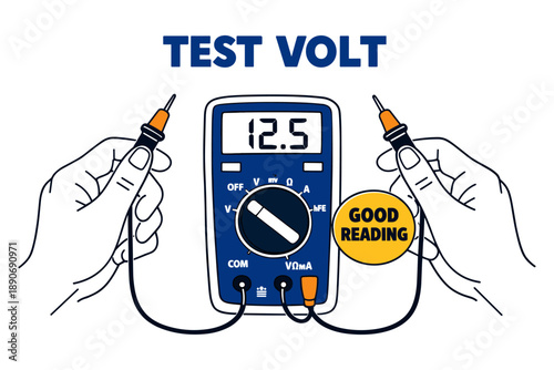 Digital multimeter displaying 12.5 voltage reading with probes in hands