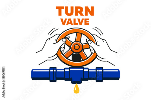 Hands turning valve wheel with leak from pipe