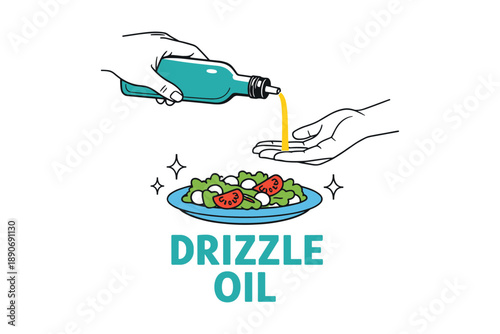 Pouring oil illustration with hands over fresh salad