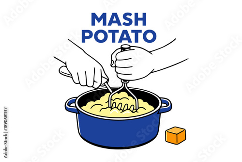 Hands mashing potatoes in blue pot with cube of butter on white background