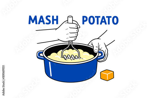 Illustration of hands mashing potatoes in blue pot with cube