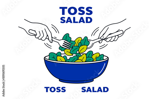 Hands tossing fresh green salad in blue bowl with forks