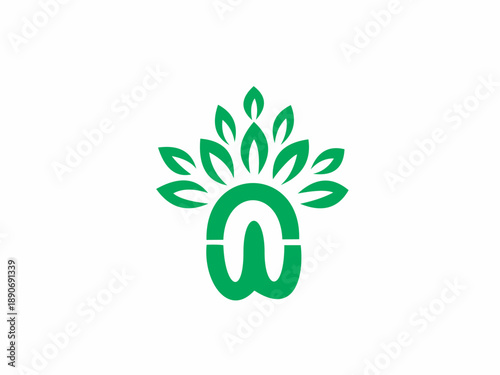 Minimalist green eco logo featuring a stylized lowercase A combined with symmetrical leaf shapes, symbolizing nature, growth, sustainability, and organic branding.