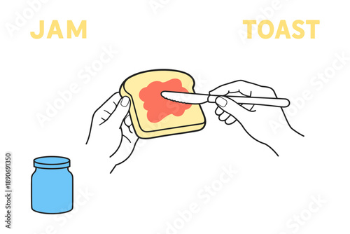 Spreading jam on toast with knife in minimalist style illustration