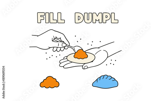 Hands filling dumpling dough with spoon of filling step-by-step guide