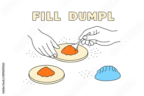 Hands filling dumplings with spoonful of filling in simple illustration