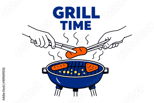 Grill time: hands cooking sausages on charcoal barbecue