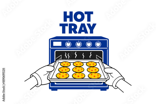 Hot tray of freshly baked cookies in oven with gloved hands