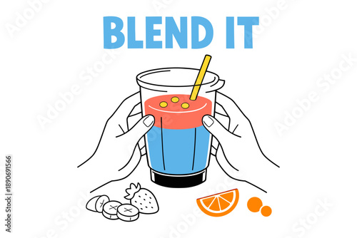 Hands holding fruit smoothie cup with straw and ingredients