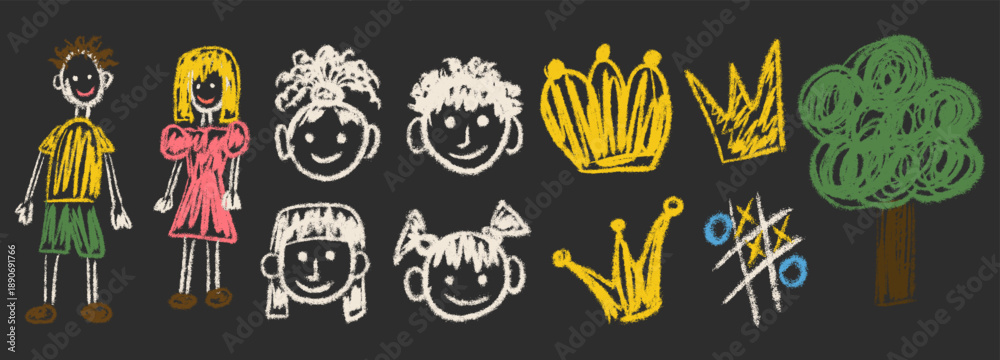 Obraz premium Naive kids chalk and crayon drawings set with textured grunge scrapbook style. Childlike kindergarten art showing children, faces, crowns, tree and playful symbols with rough chalkboard texture.