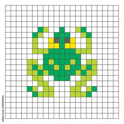 A flat pixel design made of geometric square color blocks on a clean grid layout. Pixel art frog