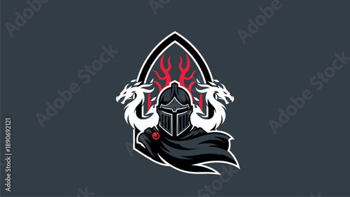 Fantasy Knight Emblem with Dragons and Gothic Arch