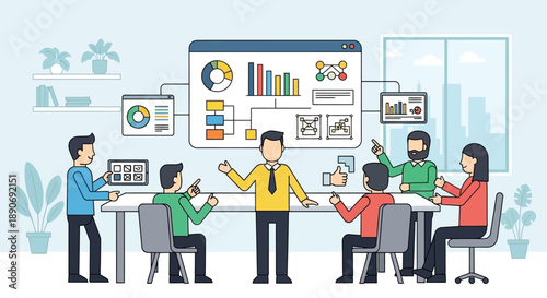 Team Meeting with Business Presentation Graphics.