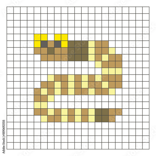 A flat pixel design made of geometric square color blocks on a clean grid layout. Pixel art worm