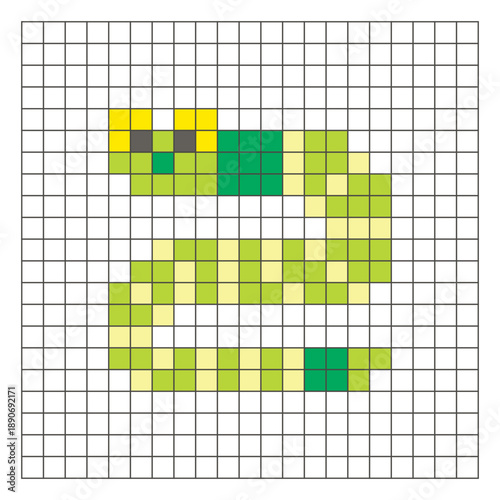 A flat pixel design made of geometric square color blocks on a clean grid layout. Pixel art worm
