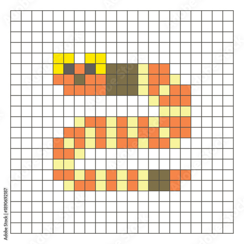 A flat pixel design made of geometric square color blocks on a clean grid layout. Pixel art worm