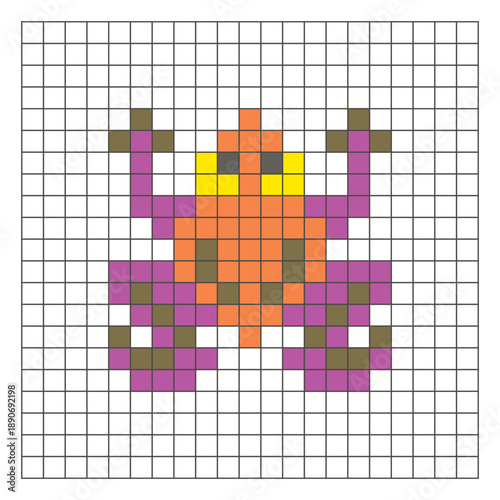 A flat pixel design made of geometric square color blocks on a clean grid layout. Pixel art frog