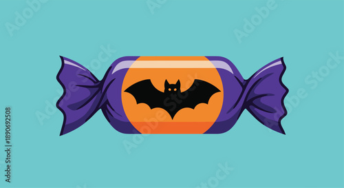 A single piece of Halloween candy in a purple and orange wrapper with a spooky black bat silhouette on a blue background.