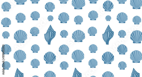 Seamless nautical pattern with light blue scallop shells and whelk shells creating a calming coastal background for textiles.