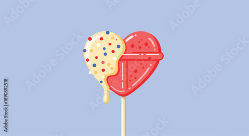 A red heart-shaped lollipop partially covered in dripping white chocolate and colorful sprinkles on a solid blue background.