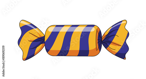 A single piece of hard candy in a shiny wrapper with diagonal purple and orange stripes isolated on a white background.