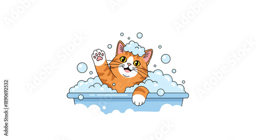 A happy and cute cartoon ginger cat taking a bubble bath in a blue tub waving its paw from a mountain of soapsuds.