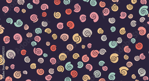 A seamless and playful pattern of small colorful spiral snail shells scattered across a solid dark purple background.