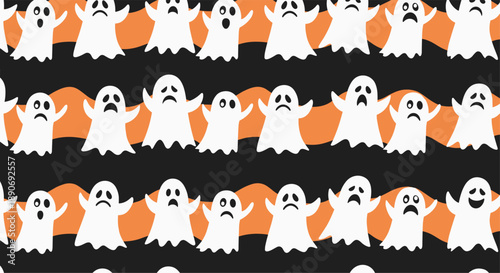 A seamless Halloween pattern with rows of cute and spooky ghosts with various sad and scared faces on a black background.