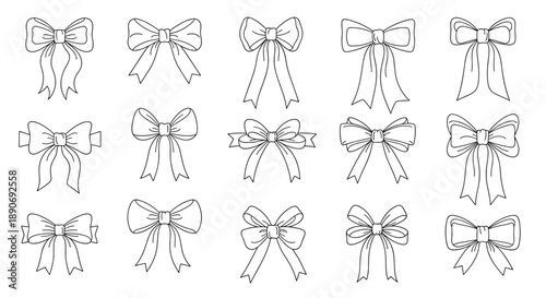 A large set of fifteen different hand-drawn ribbon bows in a simple black and white line art style for decoration.
