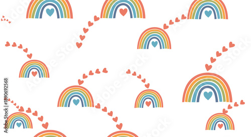 A cute and cheerful seamless pattern with hand-drawn rainbows and trails of red hearts on a clean white background.