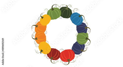 A circular frame or wreath made of small pumpkins in all the colors of the rainbow with delicate green vines and leaves.