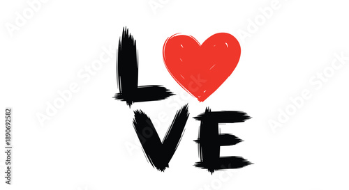 The word love with a red heart replacing the letter o written in a bold black grunge brush stroke style font.