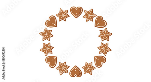 A festive circular frame or wreath made of alternating gingerbread star and heart cookies decorated with white icing.