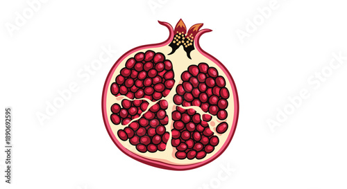 A detailed illustration of a pomegranate fruit cut in half to show the vibrant red seeds inside on a white background.