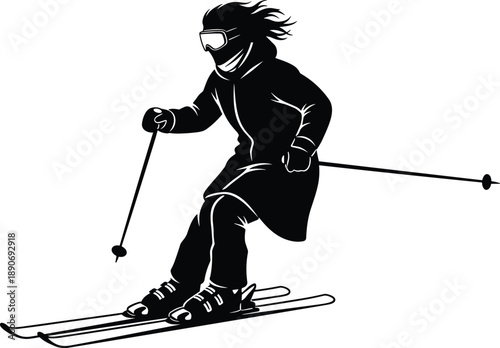 Skier silhouette downhill skiing winter sport action athlete with poles goggles snow adventure alpine mountain vector illustration