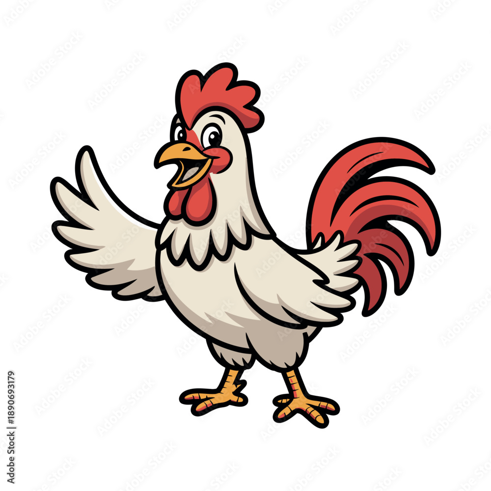 Fototapeta premium A cheerful cartoon rooster with a red comb and wattle waves hello.