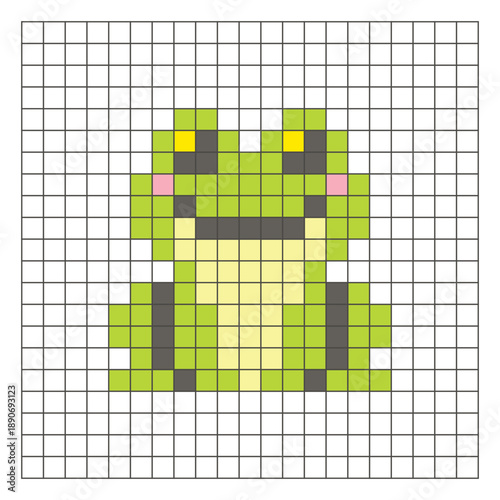 A flat pixel design made of geometric square color blocks on a clean grid layout. Pixel art frog