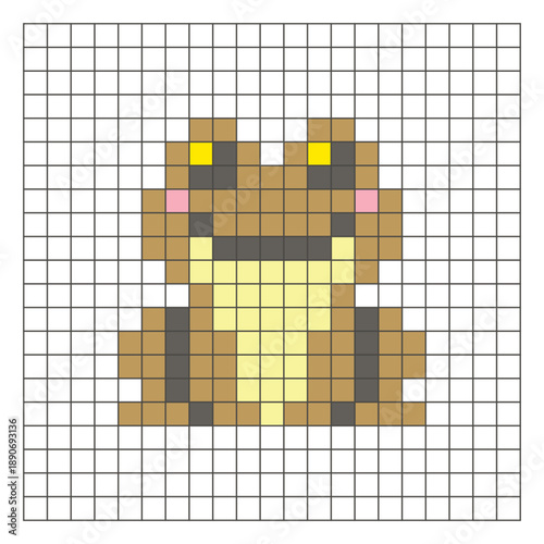A flat pixel design made of geometric square color blocks on a clean grid layout. Pixel art frog