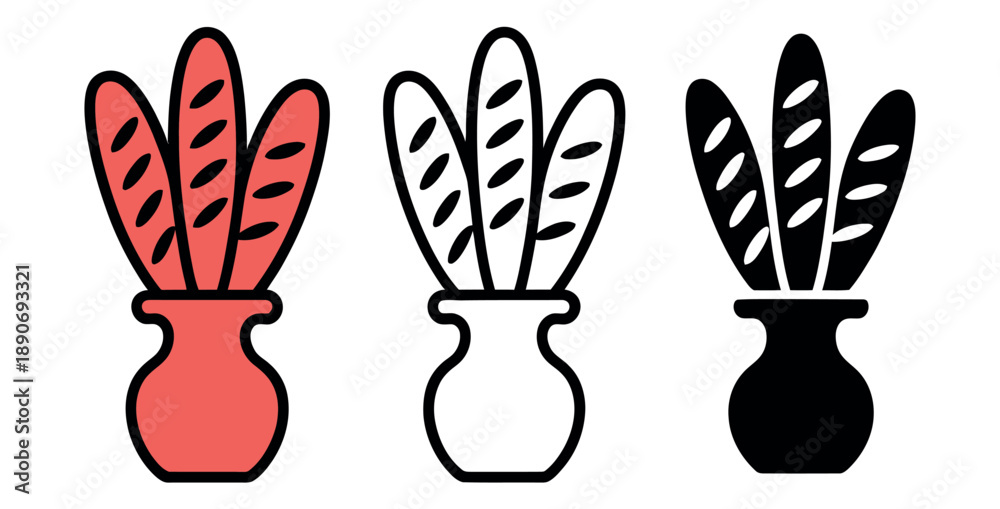 Fototapeta premium Three distinct vase icons with feathers are displayed against a white background.