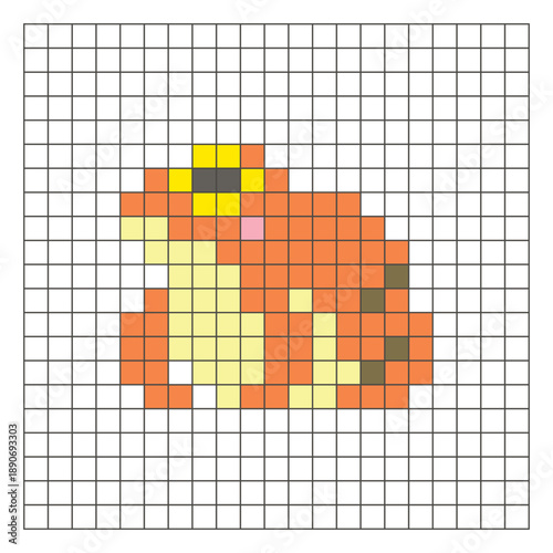 A flat pixel design made of geometric square color blocks on a clean grid layout. Pixel art frog