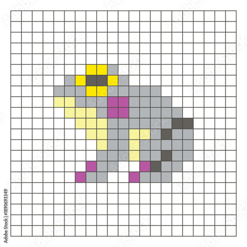 A flat pixel design made of geometric square color blocks on a clean grid layout. Pixel art frog