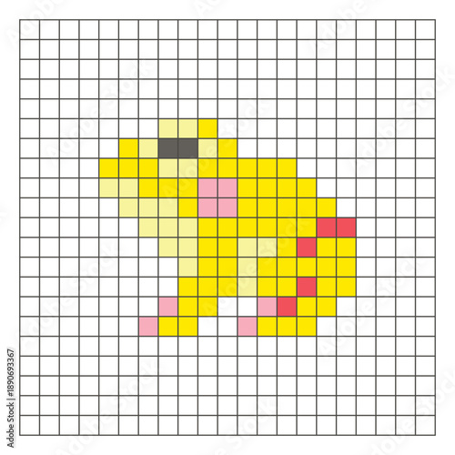A flat pixel design made of geometric square color blocks on a clean grid layout. Pixel art frog
